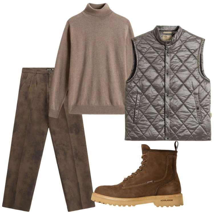Outfit uomo - Fall. Stile Casual per Tutti i giorni. Abbinamento con pantaloni, anfibi, maglieria, gilet.