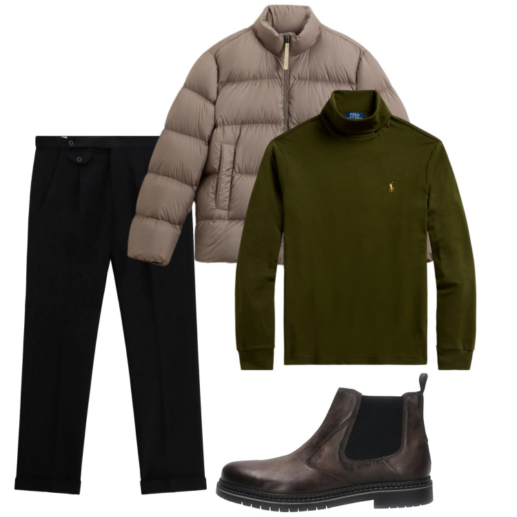 Outfit uomo - Novembre. Stile Casual per Tutti i giorni. Abbinamento con pantaloni, polo, piumini, stivali e stivaletti.