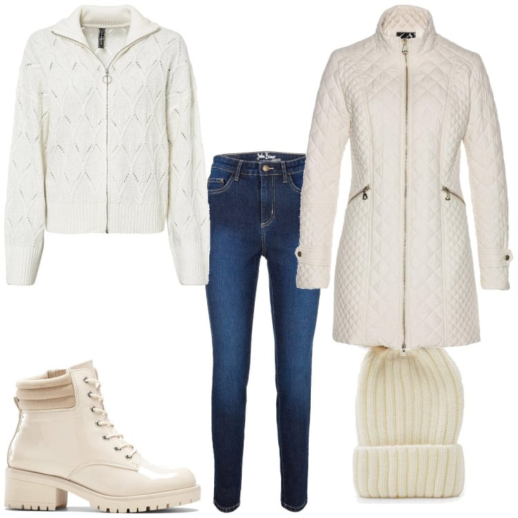 Outfit femme - Blanc et beige. Style Tendance pour Tous les jours. Assortir avec manteaux, pulls, jean skinny, bottines, bonnets.