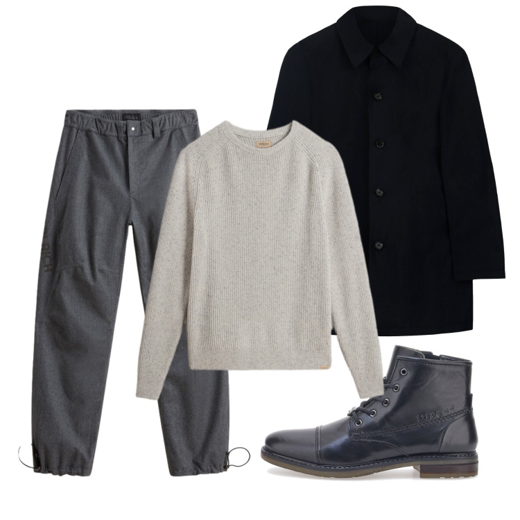Outfit uomo - Grey day. Stile Casual per Tutti i giorni. Abbinamento con pantaloni, maglieria, stivali e stivaletti, trench.