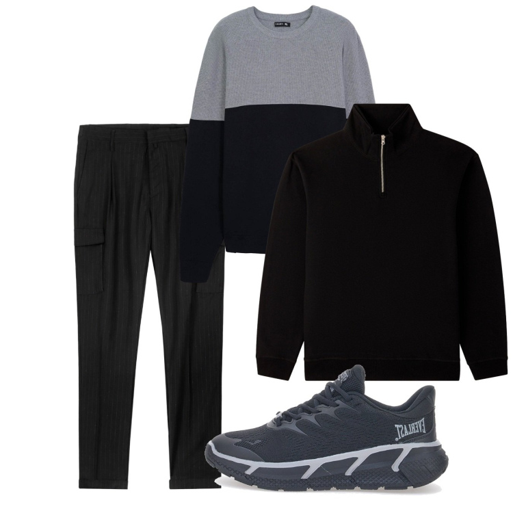 Outfit uomo - Nero. Stile Casual per Tutti i giorni. Abbinamento con felpe, maglieria, pantaloni cargo, sneakers.