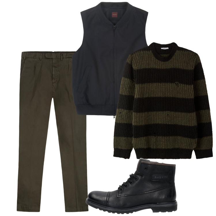 Outfit uomo - Righe. Stile Urban per Serata speciale. Abbinamento con maglieria, pantaloni, anfibi, piumini.