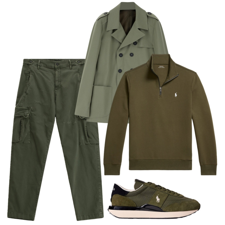 Outfit uomo - Sneackers calde. Stile Trendy per Tutti i giorni. Abbinamento con giacche, pantaloni cargo, sneakers, pullovers.