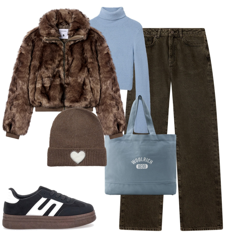 Outfit donna - Novembre. Stile Casual per Tutti i giorni. Abbinamento con jeans dritti, maglieria, berretti, ecopellicce, borse tote, sneakers.