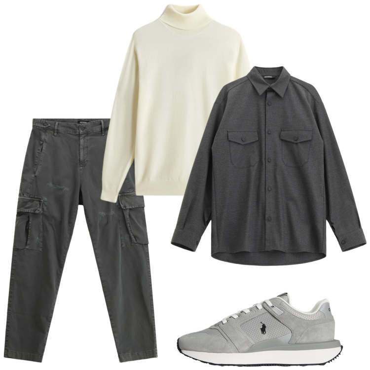 Outfit uomo - Weekend. Stile Casual per Tutti i giorni. Abbinamento con camicie, pantaloni cargo, sneakers, maglieria.