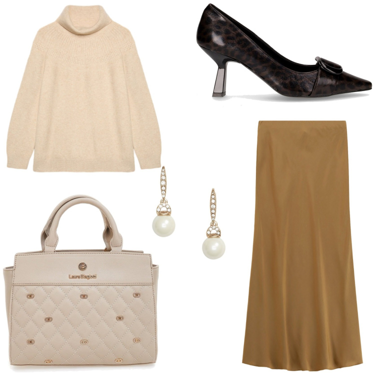 Outfit donna - Workwear. Stile Chic per Ufficio. Abbinamento con gonne lunghe, orecchini, maglieria, borse a mano, décolleté.