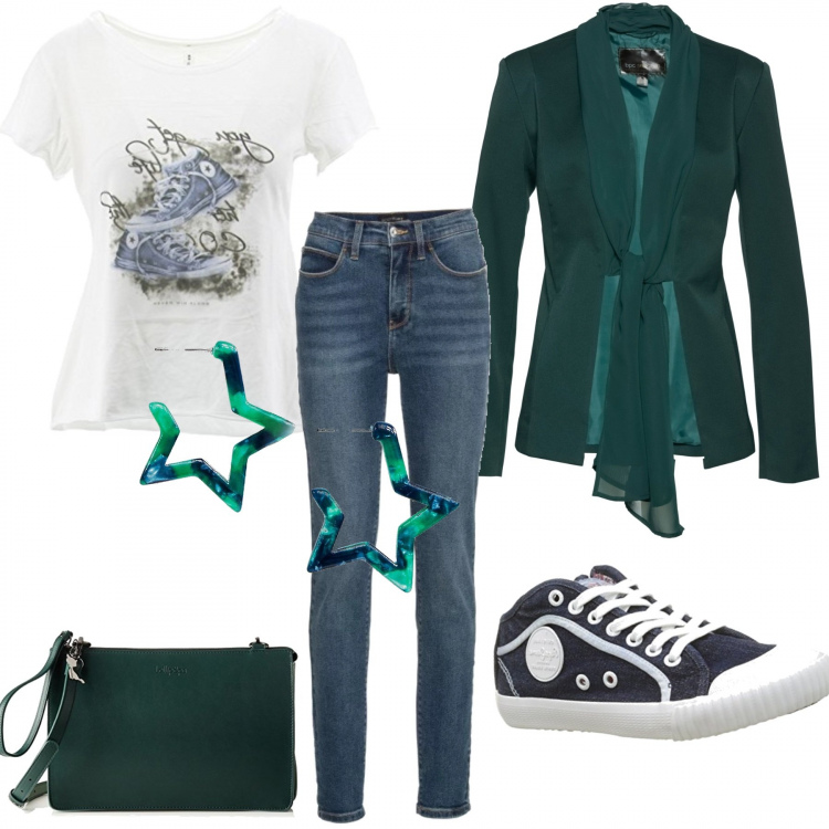 Outfit donna - Jeans e giacca verde urban style. Stile Urban per Tutti i giorni. Abbinamento con jeans skinny, blazer, t-shirt a maniche corte bianco, scarpe da ginnastica in denim blu, orecchini, clutch.
