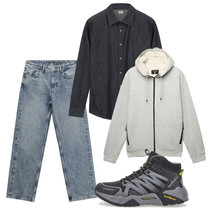 Outfit uomo - Mattinata lubera. Stile Casual per Tutti i giorni. Abbinamento con felpe con cappuccio, jeans dritti, sneakers, camicie.