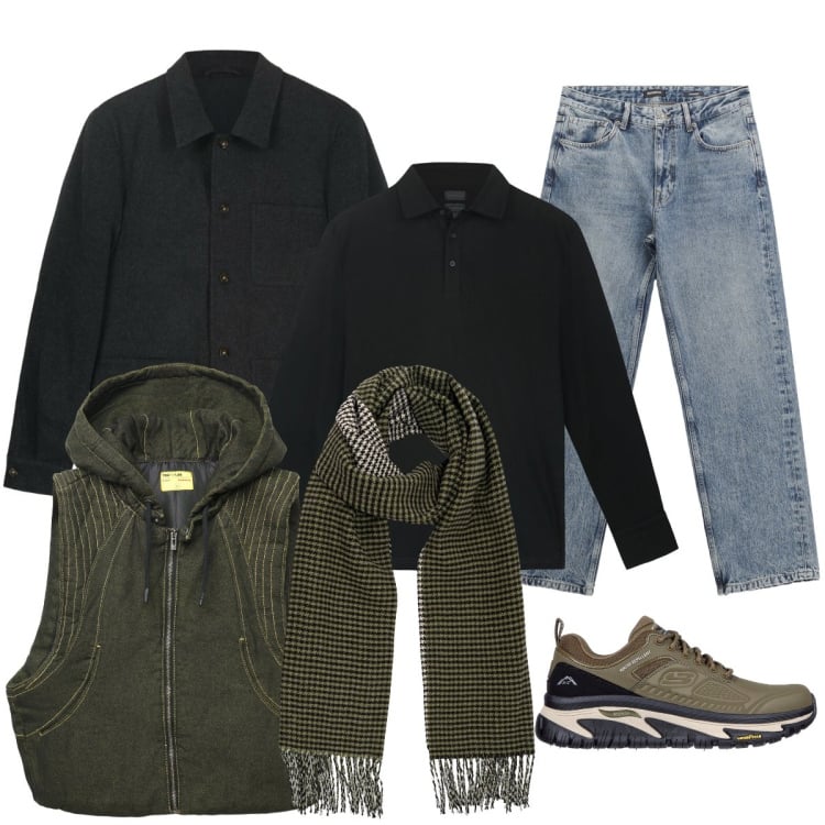 Outfit uomo - In città. Stile Casual per Tutti i giorni. Abbinamento con gilet, jeans dritti, sneakers, cappotti, polo, sciarpe.