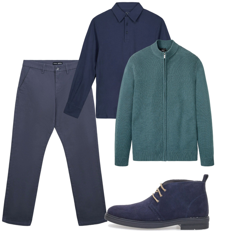 Outfit uomo - Toni del blu. Stile Casual per Tutti i giorni. Abbinamento con cardigans, pantaloni chino, stivali e stivaletti, polo.
