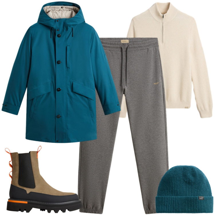 Outfit uomo - Blu woollrich. Stile Urban per Tutti i giorni. Abbinamento con maglieria, pantaloni, berretti, stivali e stivaletti, cappotti.