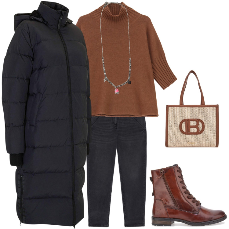 Outfit donna - Una domenica tra i mercatini natalizi. Stile Sporty chic per Tutti i giorni. Abbinamento con piumini, maglieria, ciondoli, jeans, anfibi, borse a spalla.