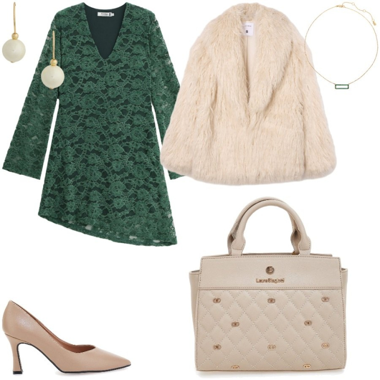 Outfit donna - Abito in pizzo. Stile Chic per Serata fuori. Abbinamento con vestiti corti, ecopellicce, collane, orecchini, décolleté, borse a mano.