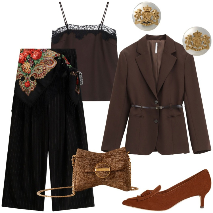 Outfit donna - Total look #2283103. Stile Chic per Serata fuori. Abbinamento con blazer, canottiere, pochette, pantaloni a palazzo, orecchini, décolleté.