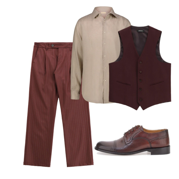 Outfit uomo - Il gessato cannella. Stile Trendy per Serata speciale. Abbinamento con gilet, pantaloni, scarpe stringate, camicie.