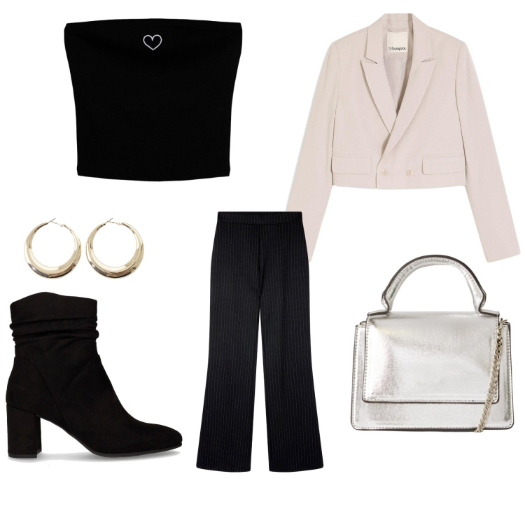 Outfit donna - Battesimo. per Cerimonia. Abbinamento con blazer, top, pantaloni, borse a tracolla, orecchini, stivaletti.