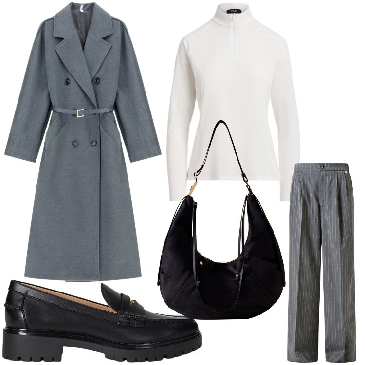 Outfit donna - Elegante. Stile Chic per Ufficio. Abbinamento con pantaloni, cappotti, borse a spalla, mocassini, pullovers.