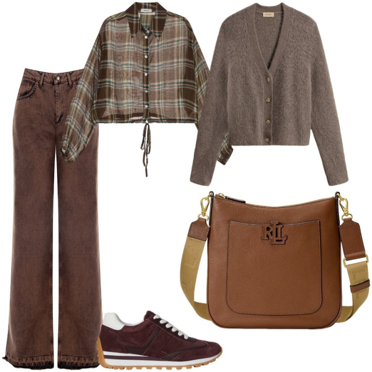 Outfit donna - Outfit casual in ufficio. Stile Casual per Ufficio. Abbinamento con jeans dritti, camicie, borse a tracolla, sneakers, cardigans.