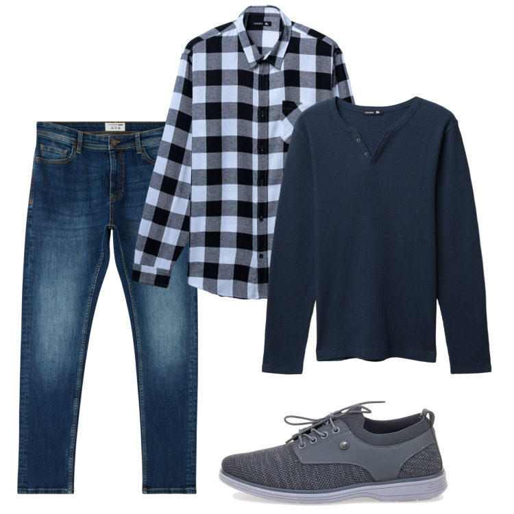 Outfit uomo - Homewear. Stile Casual per Tutti i giorni. Abbinamento con jeans skinny, camicie, t-shirt, scarpe stringate.