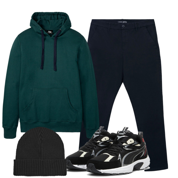 Outfit uomo - Novembre. Stile Casual per Tutti i giorni. Abbinamento con felpe con cappuccio, pantaloni chino, berretti, sneakers.