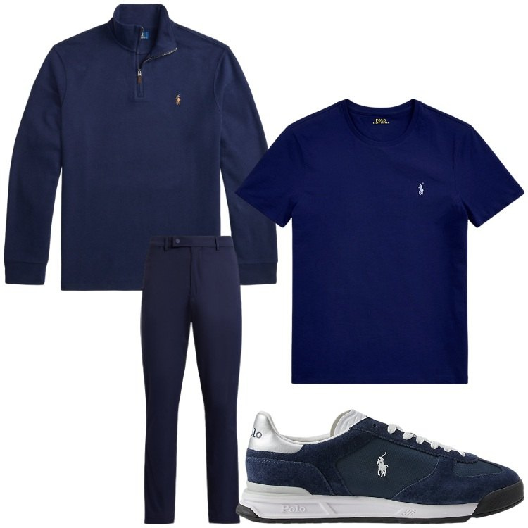 Outfit uomo - Blu sport. Stile Casual per Tutti i giorni. Abbinamento con t-shirt, sneakers, pullovers, pantaloni.