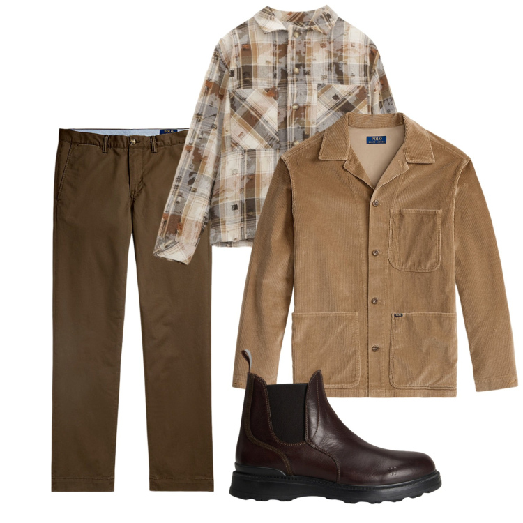 Outfit uomo - Brown. Stile Casual per Tutti i giorni. Abbinamento con camicie, pantaloni chino, giacche, stivali e stivaletti.