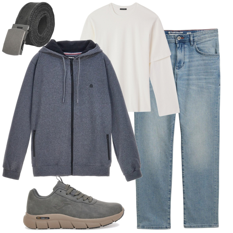 Outfit uomo - Novembre. Stile Casual per Tutti i giorni. Abbinamento con jeans dritti, cinture, t-shirt, sneakers, felpe con cappuccio.
