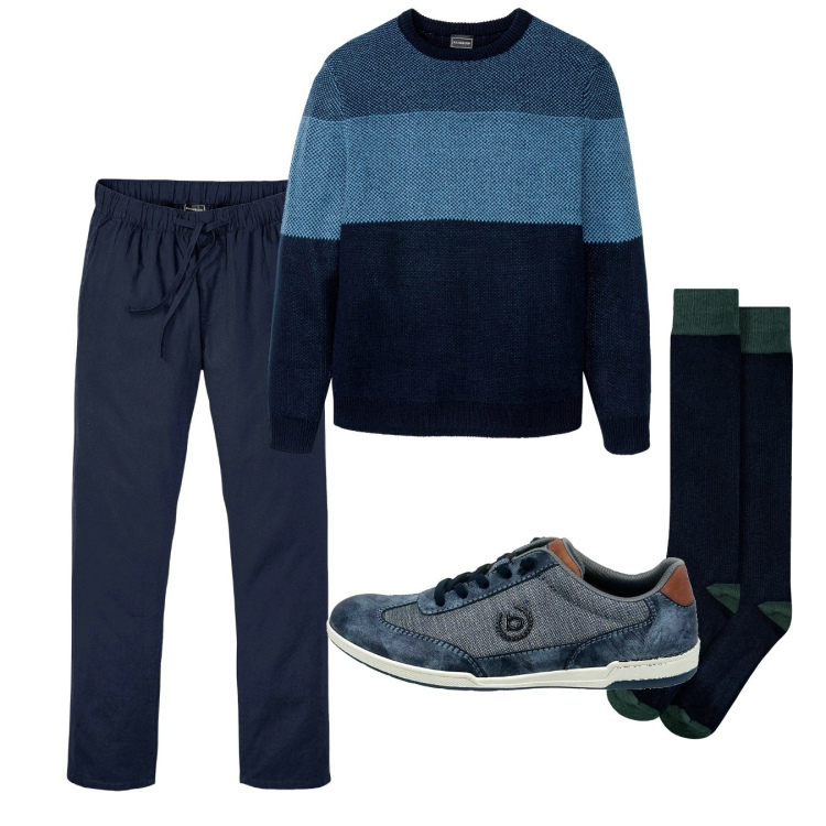 Outfit uomo - Homewear. Stile Casual per Tutti i giorni. Abbinamento con maglieria, pantaloni, scarpe stringate, calzini.