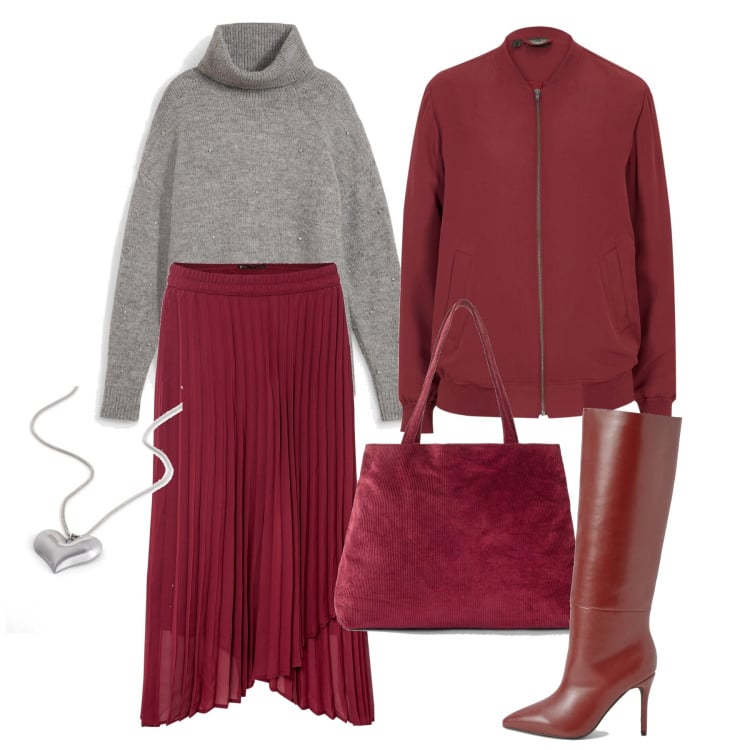 Outfit femme - Novembre. Style Casual chic pour Tous les jours. Assortir avec pulls, sac cabas, vestes, colliers, jupes, bottes.