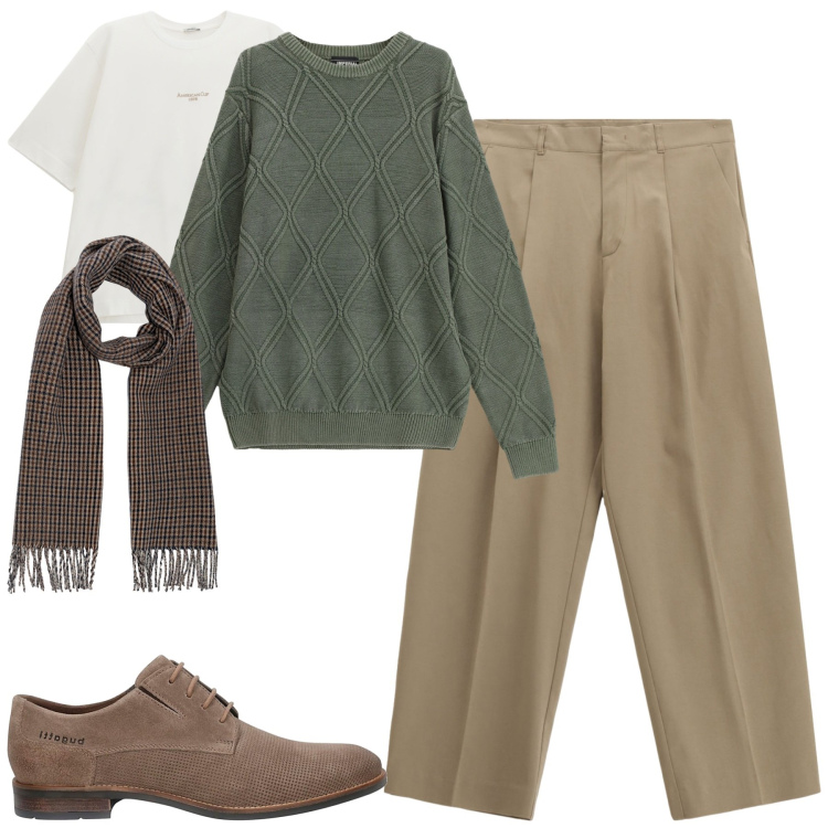 Outfit uomo - Comfy ed elegante. Stile Urban per Tutti i giorni. Abbinamento con pantaloni, t-shirt, maglieria, scarpe stringate, sciarpe.