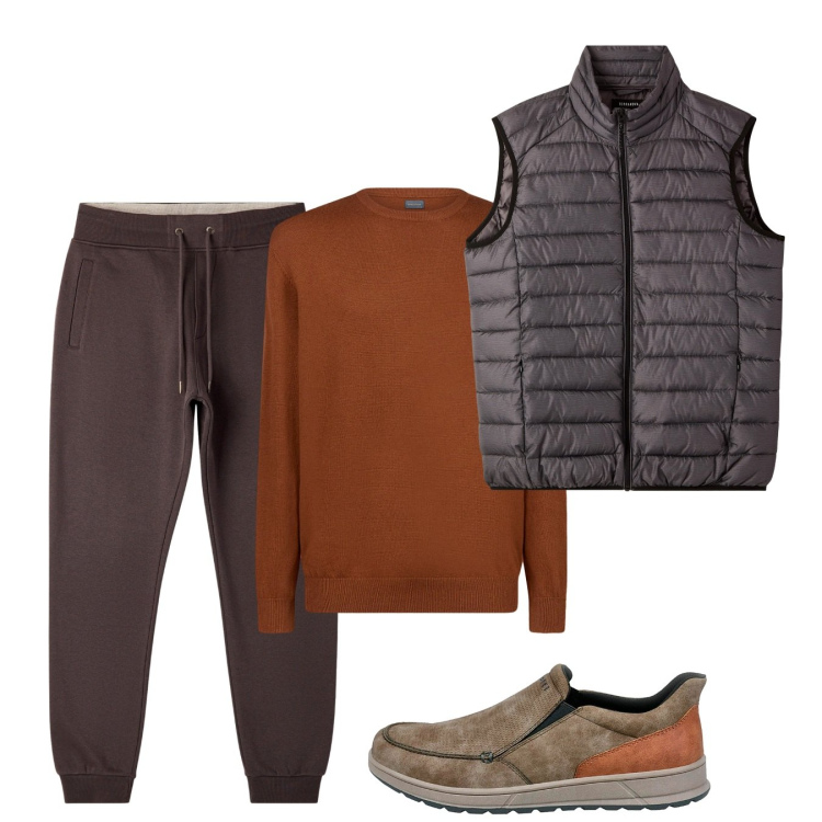 Outfit uomo - Ruggine e cacao. Stile Casual per Tutti i giorni. Abbinamento con piumini, pantaloni, scarpe stringate, maglieria.
