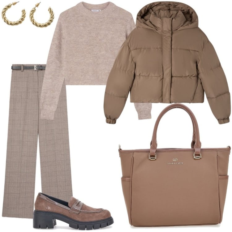 Outfit donna - Pantalone principe di Galles. Stile Casual per Scuola/Università. Abbinamento con pantaloni, bomber, maglieria, orecchini, mocassini, borse a tracolla.