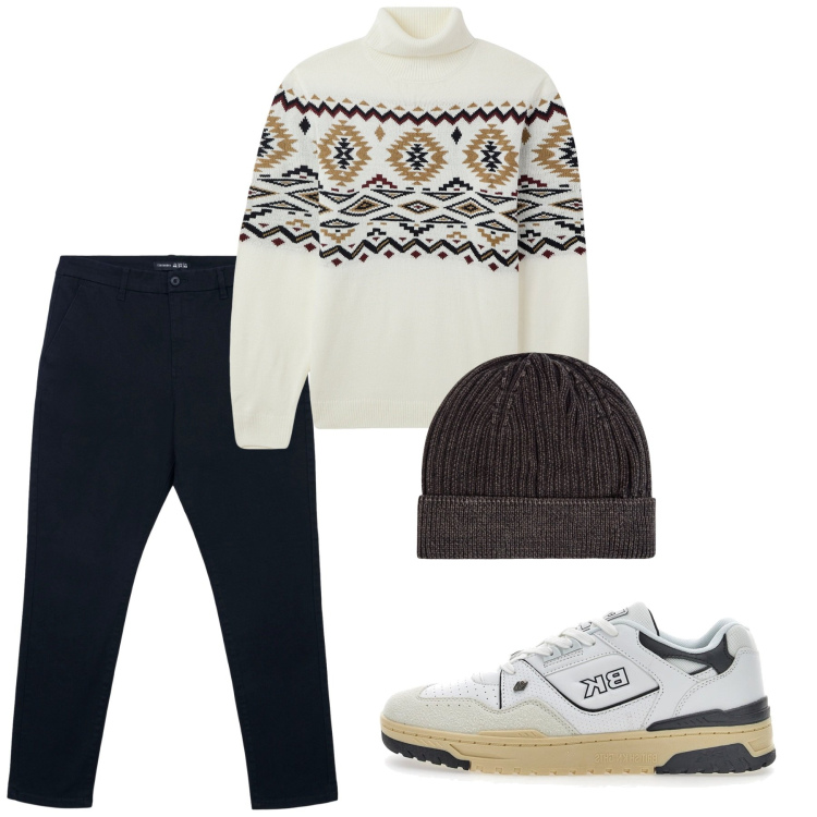 Outfit uomo - Novembre. Stile Casual per Tutti i giorni. Abbinamento con maglieria, pantaloni chino, berretti, sneakers.