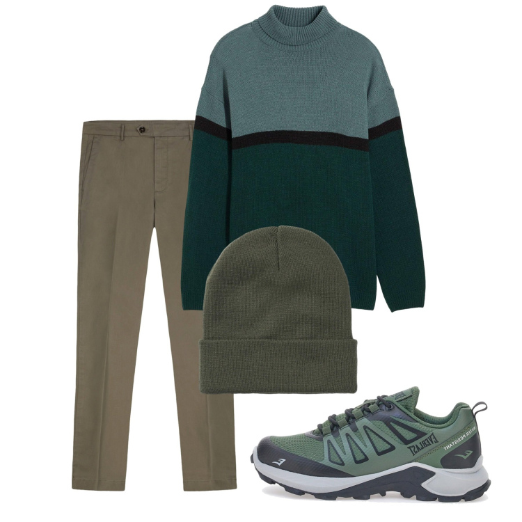 Outfit uomo - Novembre. Stile Casual per Tutti i giorni. Abbinamento con maglieria, berretti, sneakers, pantaloni chino.