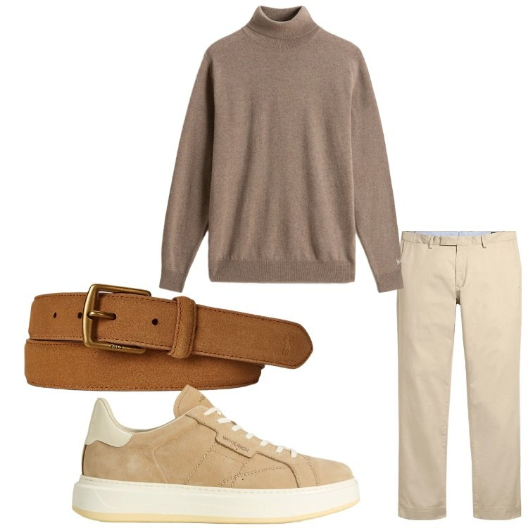 Outfit uomo - Semplice. Stile Casual per Tutti i giorni. Abbinamento con pantaloni chino, cinture, sneakers, maglieria.