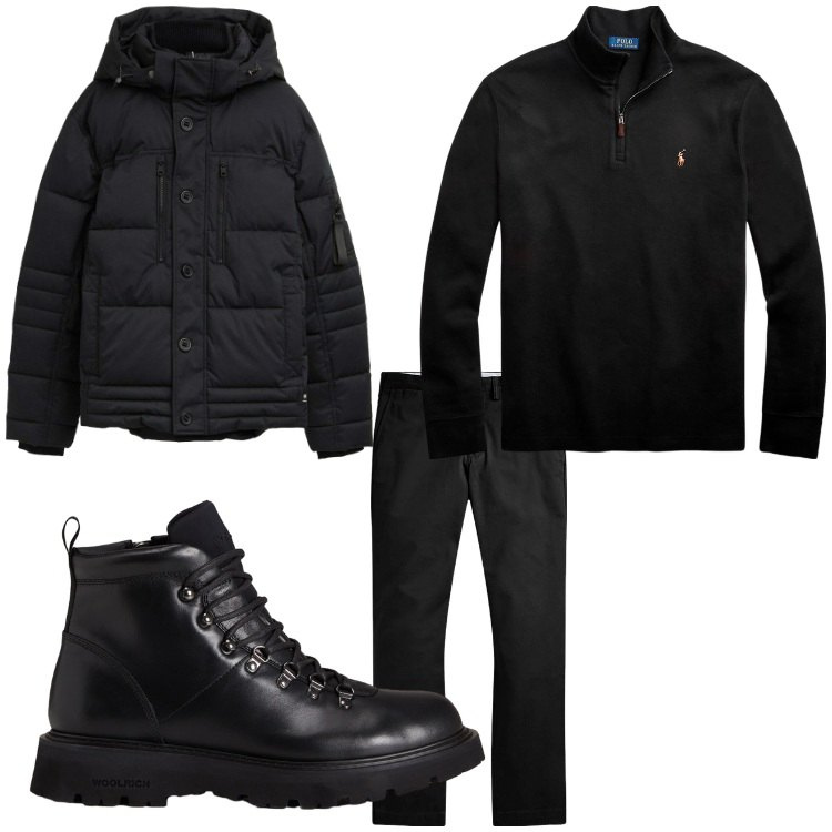 Outfit uomo - Black. Stile Casual per Tutti i giorni. Abbinamento con piumini, pantaloni, pullovers, stivali e stivaletti.