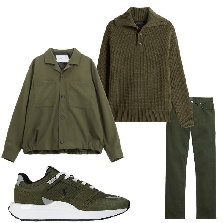 Outfit uomo - Verde bosco. Stile Casual per Tutti i giorni. Abbinamento con cappotti, sneakers, pantaloni, maglieria.