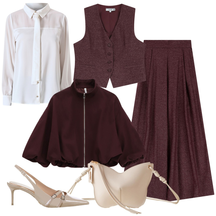 Outfit donna - Borgogna di stagione. Stile Chic per Serata fuori. Abbinamento con pantaloni a palazzo, gilet, décolleté, camicie, bomber, borse a tracolla.