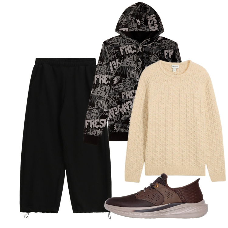 Outfit uomo - In città. Stile Urban per Tutti i giorni. Abbinamento con maglieria, felpe con cappuccio, pantaloni, sneakers.