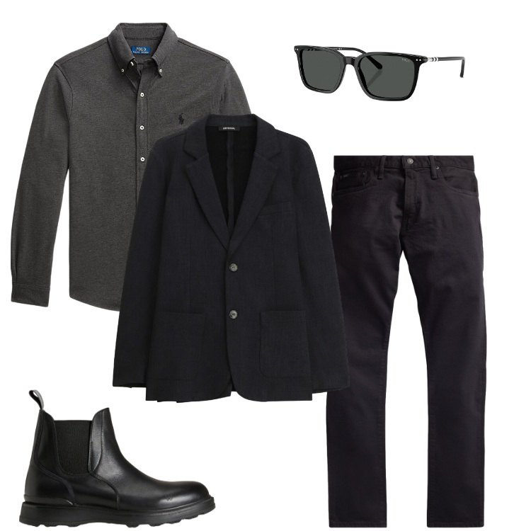 Outfit uomo - Giacca sempre versatile. Stile Business/Elegante per Tutti i giorni. Abbinamento con giacche, camicie, occhiali da sole, jeans, stivali e stivaletti.