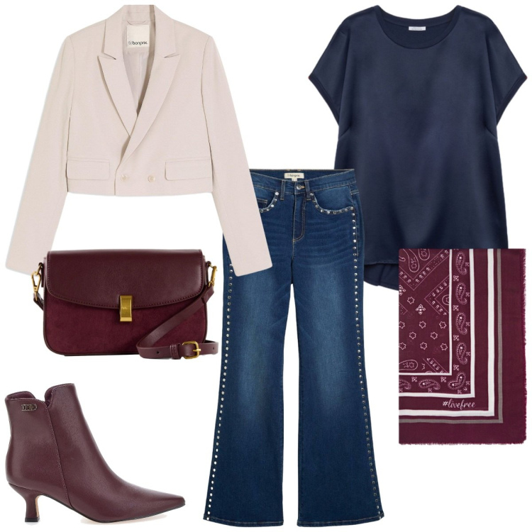 Outfit donna - Sport chic. Stile Sporty chic per Ufficio. Abbinamento con blazer, jeans a zampa, borse a mano, bluse, foulard, stivaletti.