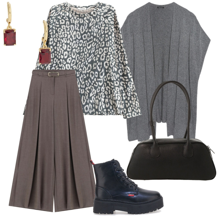 Outfit donna - Di giorno. per Tutti i giorni. Abbinamento con maglieria, pantaloni a palazzo, borse a mano, orecchini, gilet, anfibi.