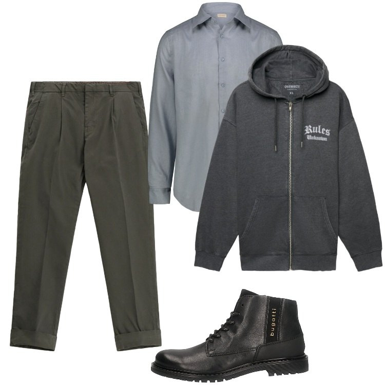Outfit uomo - Trendy non troppo elegante. Stile Trendy per Tutti i giorni. Abbinamento con felpe con cappuccio, pantaloni chino, camicie, stivali e stivaletti.
