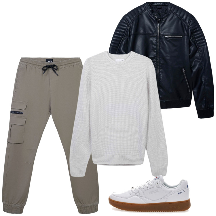 Outfit uomo - Sporty di novembre. Stile Casual per Tutti i giorni. Abbinamento con maglieria, pantaloni cargo, giacche, sneakers.