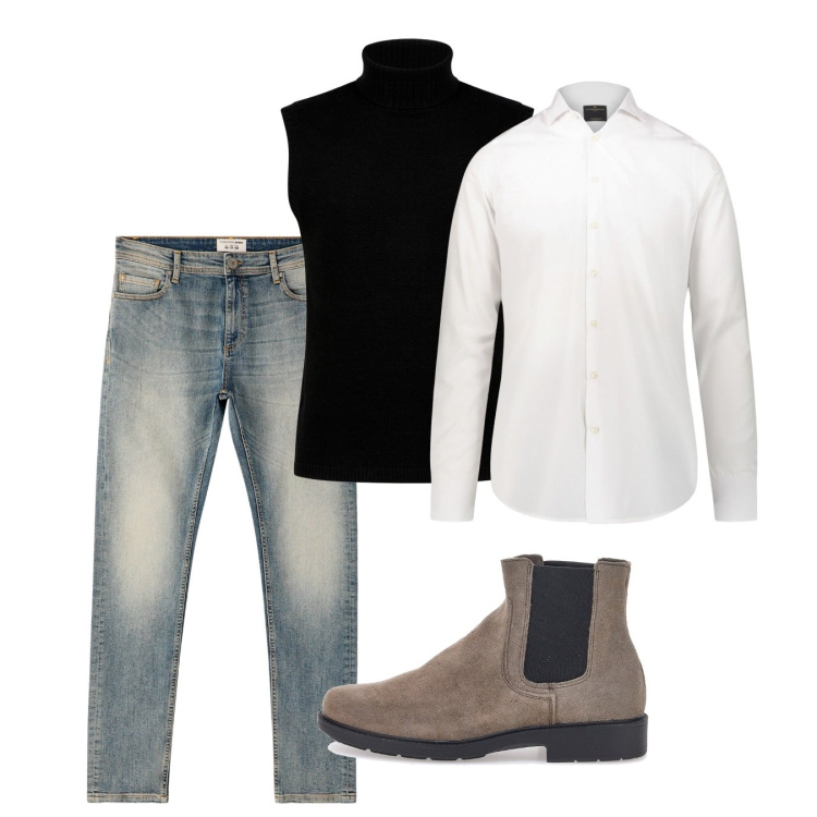 Outfit uomo - Il golf gilet. Stile Trendy per Tutti i giorni. Abbinamento con jeans skinny, stivali e stivaletti, camicie, gilet.