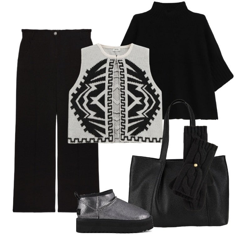 Outfit donna - Total look #2283185. Stile Boho per Tutti i giorni. Abbinamento con shopping bag, maglieria, gilet, guanti, stivaletti, pantaloni a palazzo.