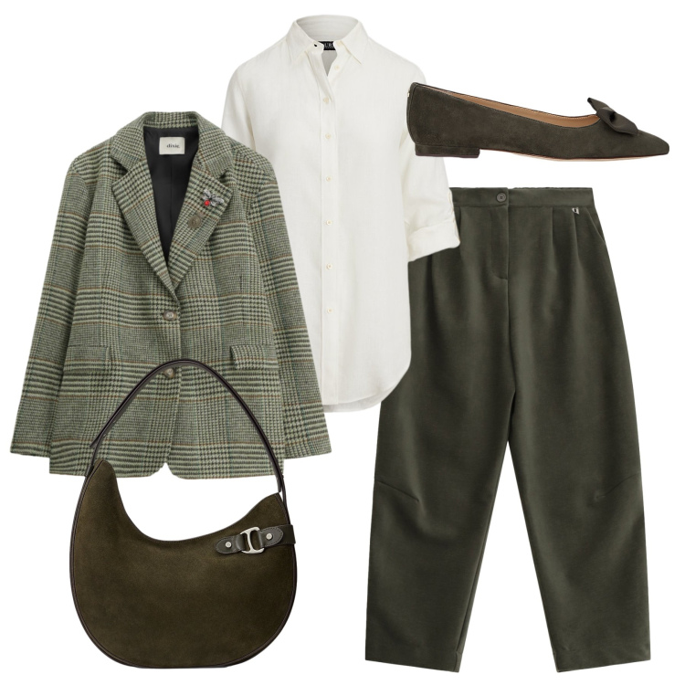 Outfit donna - Country in town. Stile Casual chic per Ufficio. Abbinamento con pantaloni a palazzo, blazer, ballerine, camicie, borse a spalla.