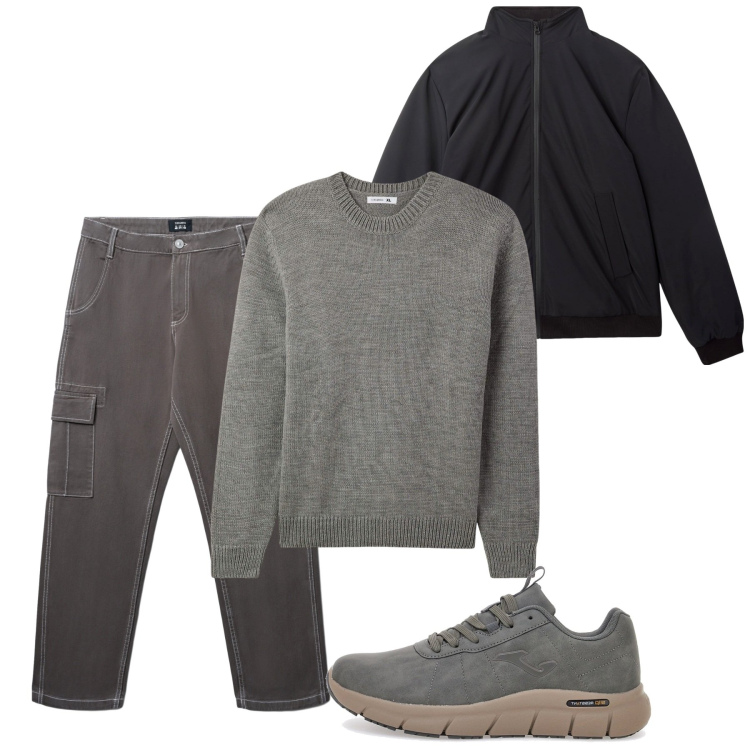 Outfit uomo - Novembre. Stile Casual per Tutti i giorni. Abbinamento con giacche, pantaloni cargo, maglieria, sneakers.