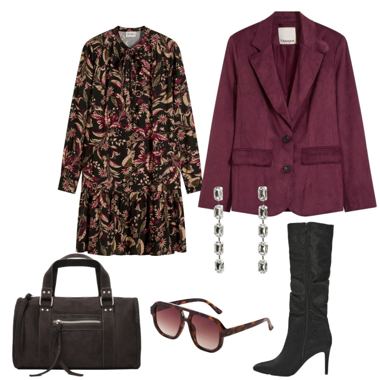Outfit donna - Trendy. Stile Trendy per Serata fuori. Abbinamento con vestiti midi/longuette, blazer, occhiali da sole, stivali, orecchini, borse a mano.