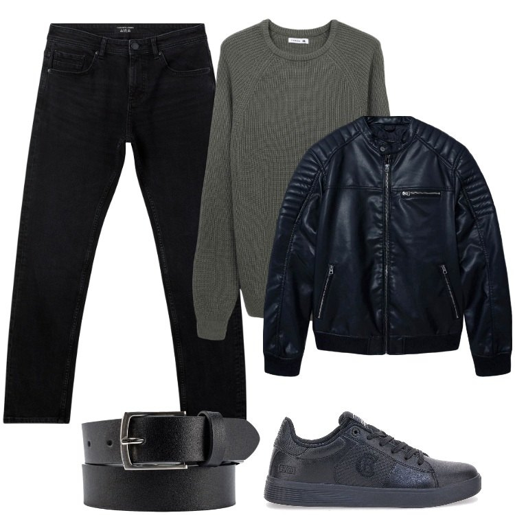 Outfit uomo - Un pò Rock. Stile Biker Rock per Serata speciale. Abbinamento con maglieria, jeans, giacche, cinture, sneakers.